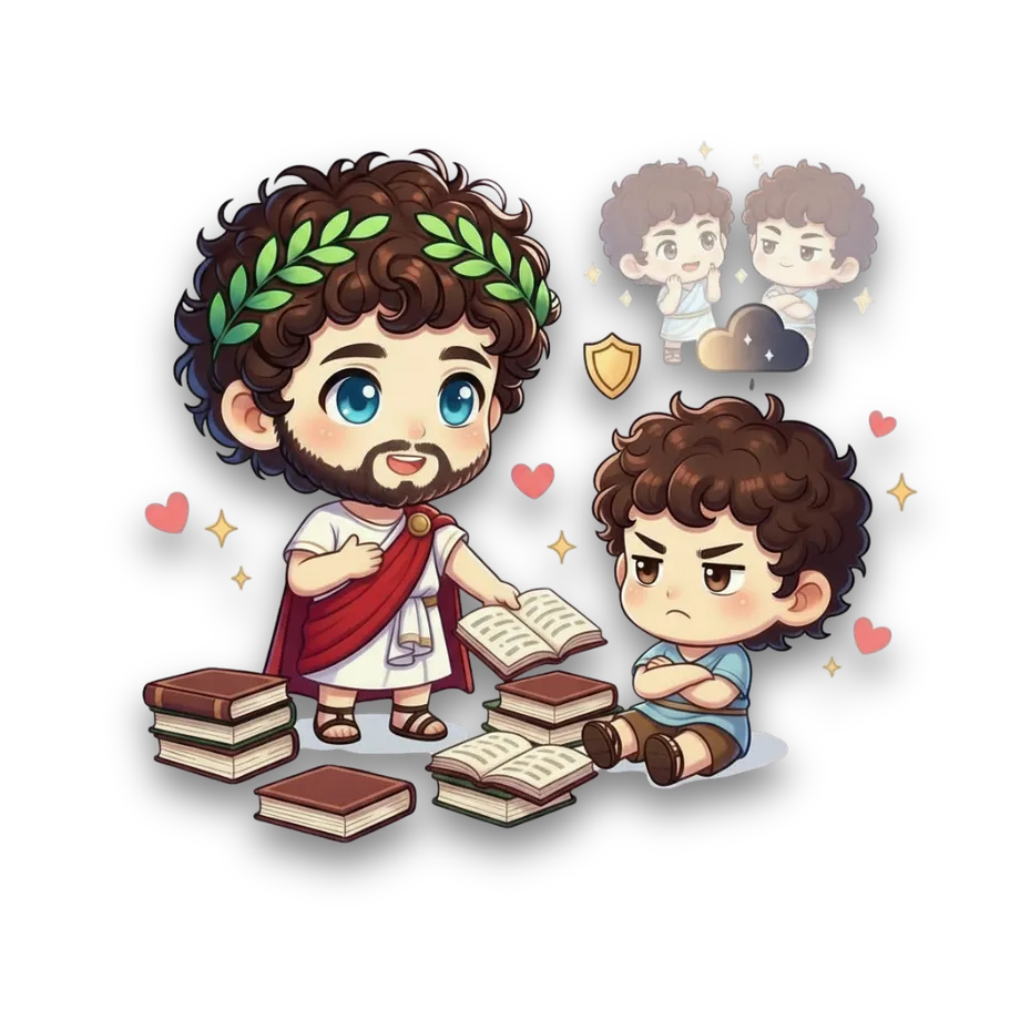 Chibi Marcus Aurelius offers a book to a grumpy child